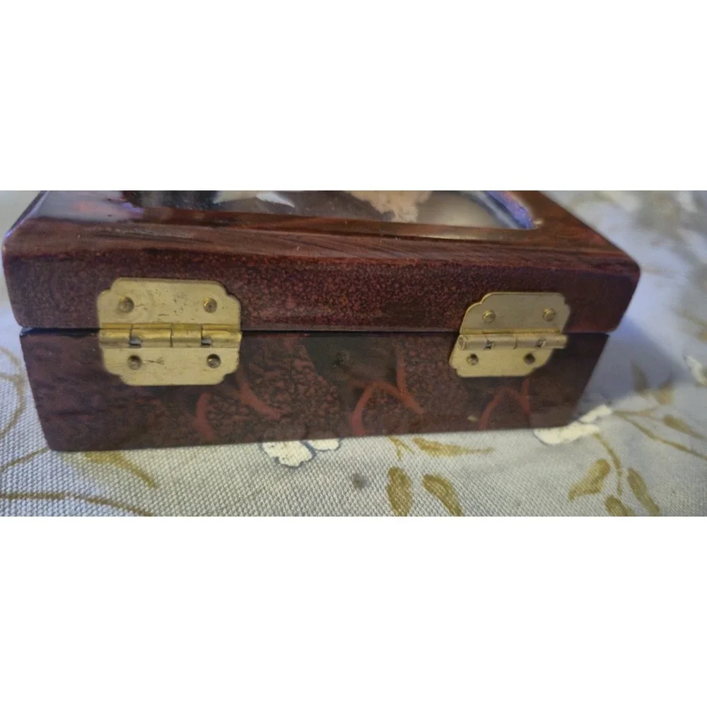 Vintage‎ Asian Inlaid Jewelry Trinket Box Birds Cranes Red Lined